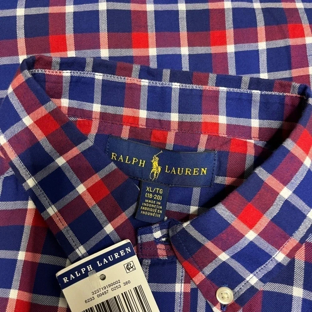 Ralph Lauren Boys XL Red White Blue Plaid Button Down Shirt Americana Preppy NEW